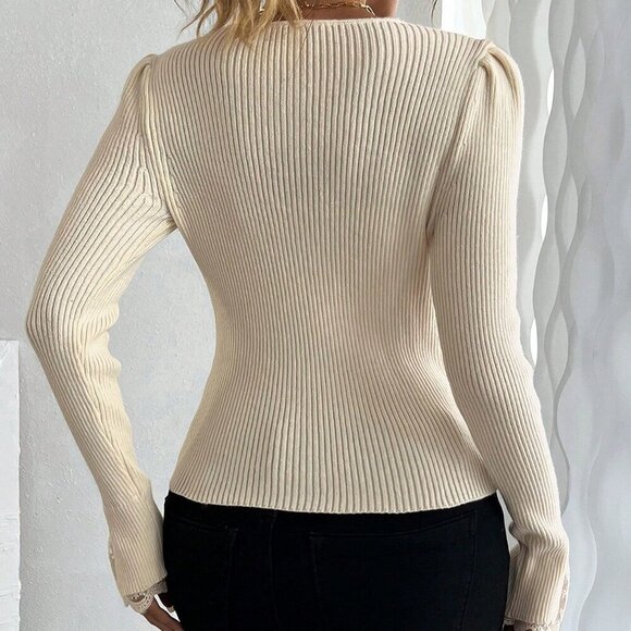 Beige Casual Women's Lace Patchwork V-Neck Fitted Knit Sweater - Picture 2 of 8